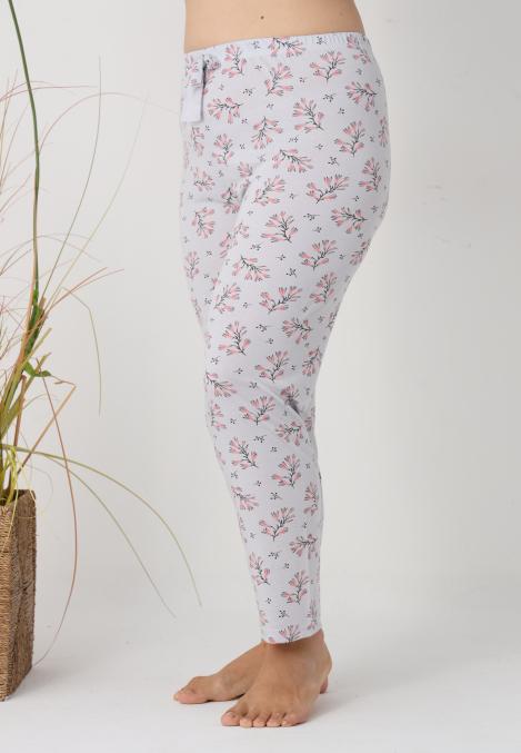 Pantaloni de Pijama Dama Lungi,Big Size, Culoare Gri cu Frunze Roz ,Engros